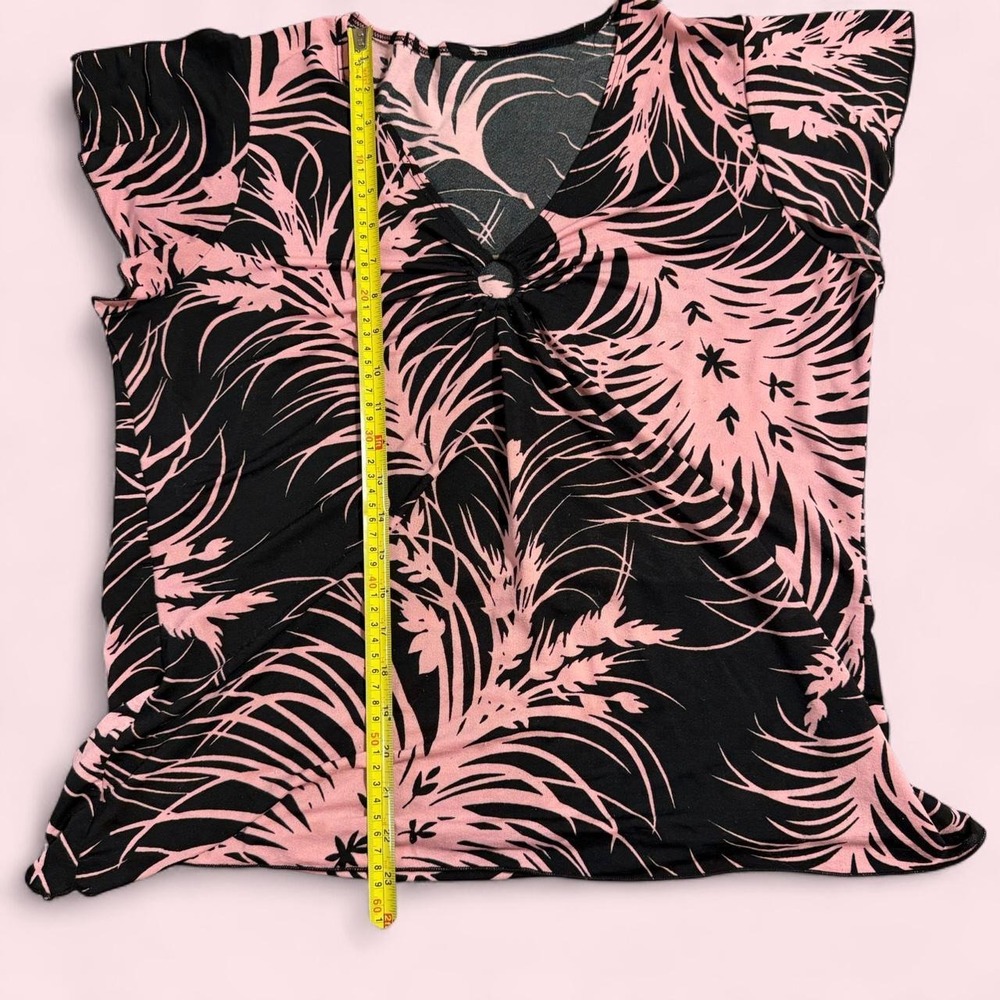 Vintage Y2K Pink Black Tropical Palm Print Ruffle Cap Sleeve O-Ring Blouse XL - Picture 5 of 5